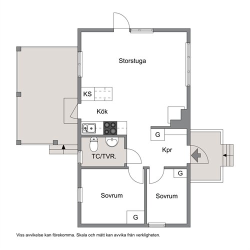 Planritning av ett 41 kvm 1-plans trähus från 1983 med storstuga, kök, två sovrum, och badrum.