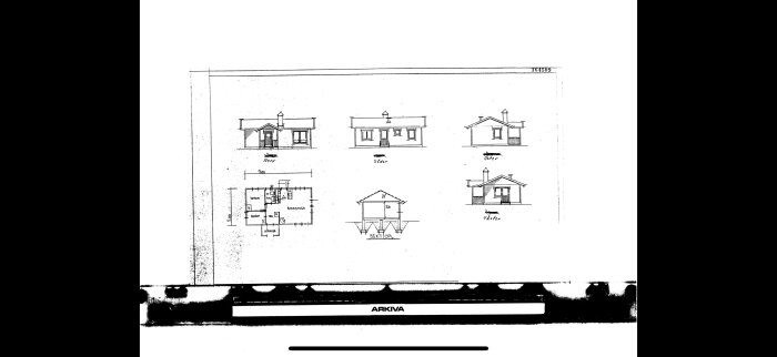 Ritningar av ett 1-plans trähus från olika perspektiv samt planlösning, sektion och mått.