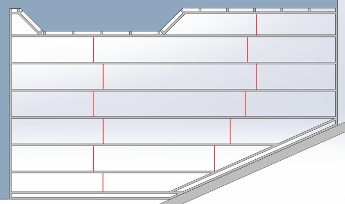 Teknisk ritning av träramkonstruktion med horisontella och vertikala reglar, används för altanbygge med markskruvar och stolpar.