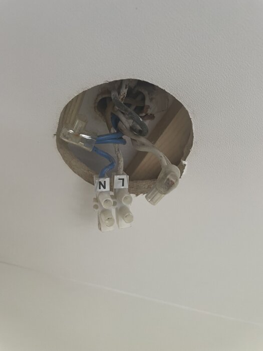 Kopplingsdosan i taket med kablar och en kopplingslist märkta med "L" och "N".