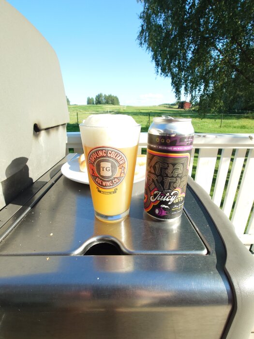 Ölglas med namnet Toppling Goliath och en ölburk på en grill, soligt väder och naturskön bakgrund.