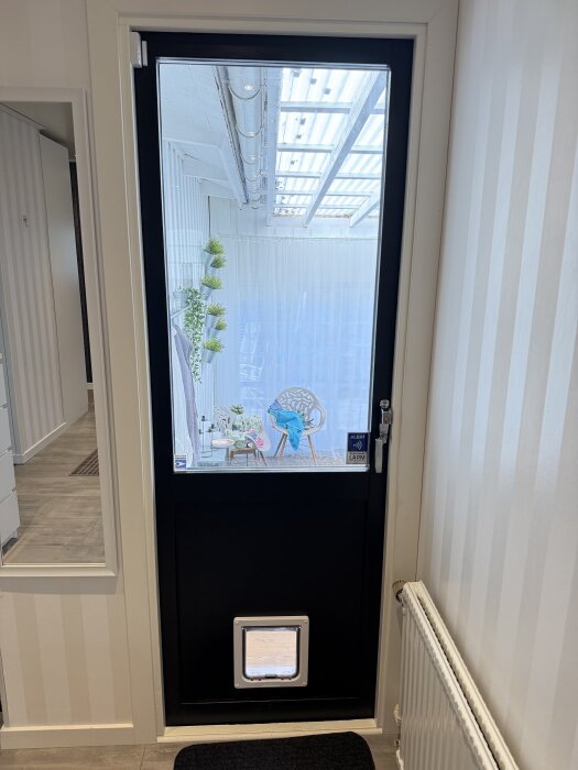 Svart altandörr med fönster och kattlucka, utsikt mot inglasad uterum med stolar och hängande växter, omgiven av vit vägg och element.