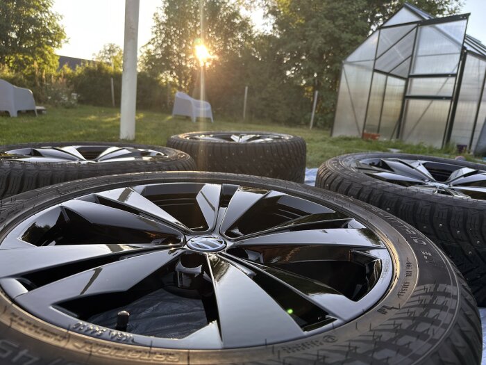 Svarta och blanka bilfälgar står på en gräsmatta. I bakgrunden syns ett växthus och solen skiner genom trädens lövverk.