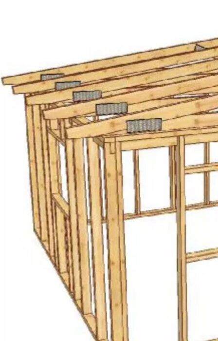 Träramar och takreglar på kallförråd, visar konstruktion med takfoten och spikläkt för att fästa takplåt.