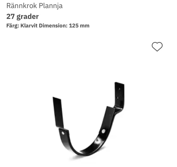 Rännkrok Plannja, klargjord för 27 graders takfotsbrädevinkel, färg klårvit, dimension 125 mm.