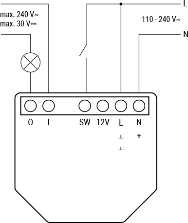 Diagram över kopplingsschema för Shelly, visar anslutningar för spänning och manöver. Markerar max 240 V och 30 V vid olika punkter.