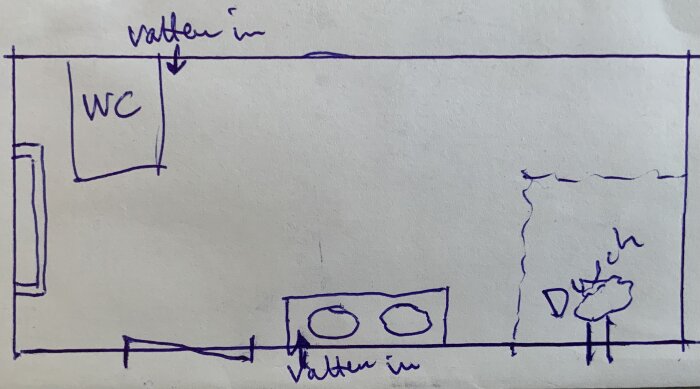 En enkel skiss av ett badrum med toalett, handdukstork och dusch placerade. Visar även vattenanslutningar och ett takfönster över toaletten.