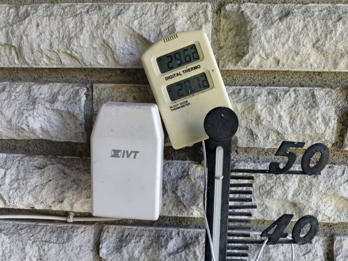 Digital termometer som visar 29,6 grader Celsius, placerad på en tegelvägg bredvid en analog termometer och en vit apparat med logotypen IVT.