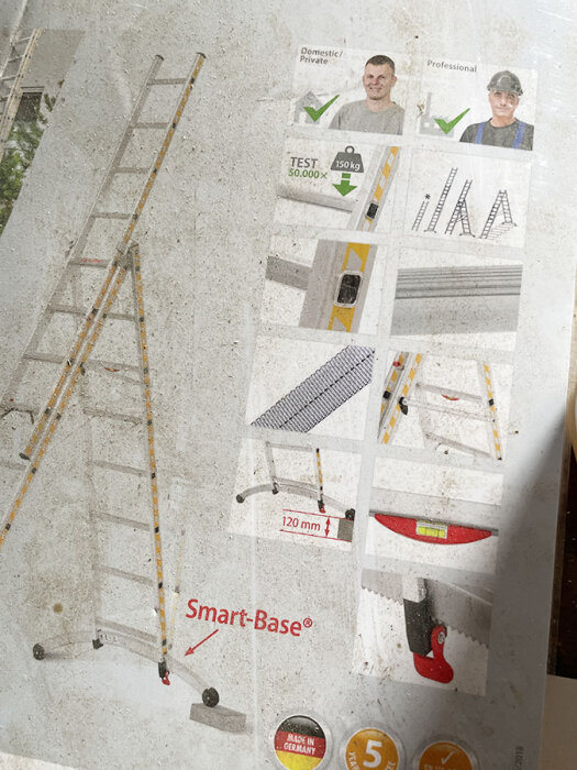 Hymer stege med illustrationer av stegens funktioner och specifikationer, inklusive överlapp av pinnar och max belastning.