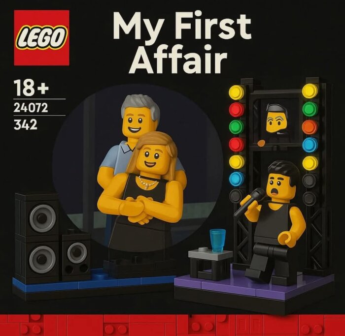 Lego-set med titeln "My First Affair", visar två figurer i bakgrunden och en sjungande figur med mikrofon i förgrunden.