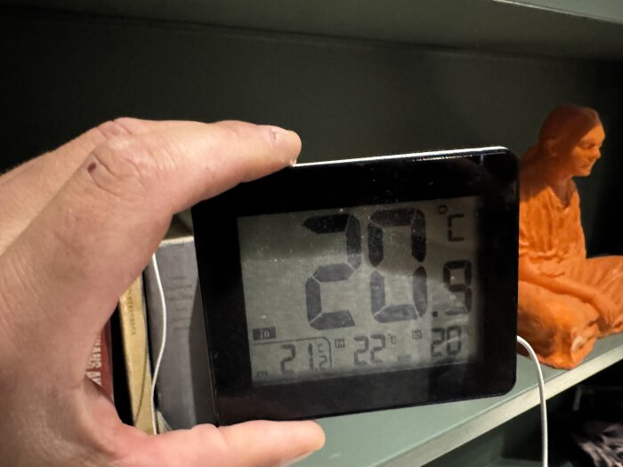 Digital termometer visar 20,9 grader inomhus, hålls i handen bredvid en orange staty på en hylla.