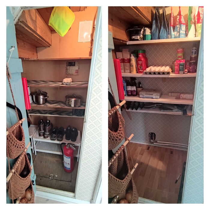 Före- och efterbild av uppfräschning av skrubb under trappa, hyllor med köksprodukter, skor, och kastruller, samt synlig rörgenomföring.