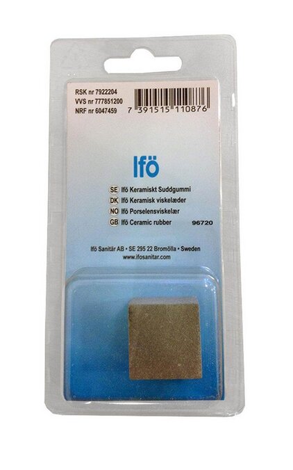Förpackning av Ifö keramiskt suddgummi för porslin, med text på olika språk.