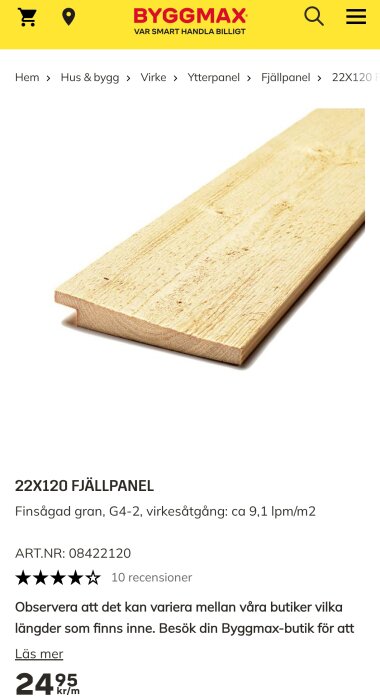 22x120 fjällpanel av finsågad gran, Byggmax.