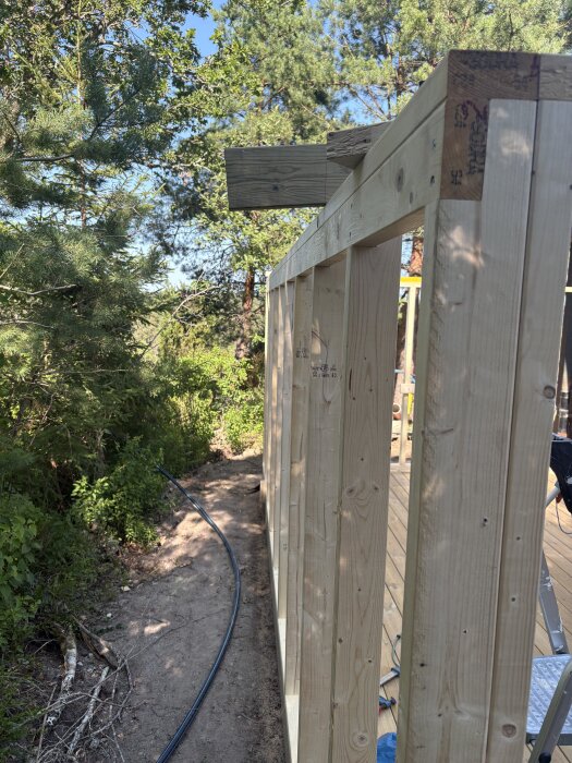 Väggram med träbjälkar sett från sidan, med skog i bakgrunden och en takregel som sticker ut.