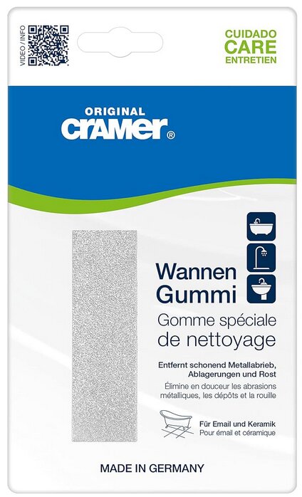 Cramer rengöringsgummi i förpackning, för skonsam borttagning av metall- och rostfläckar från emalj och keramik. Märkt "Made in Germany".
