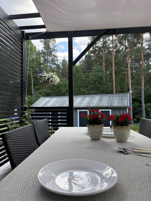 Pergola med tak, en dukad matplats med blommor i krukor och bakgrund av skog och ett skjul.