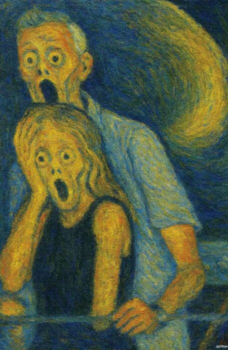 Målning av två personer med skrikande ansiktsuttryck, inspirerad av Edvard Munchs "Skriet".