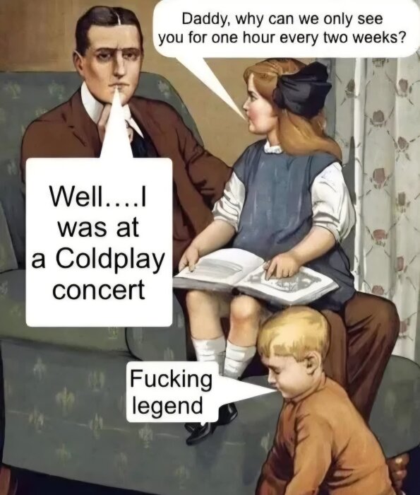 A vintage illustration of a family with humorous speech bubbles about a Coldplay concert.