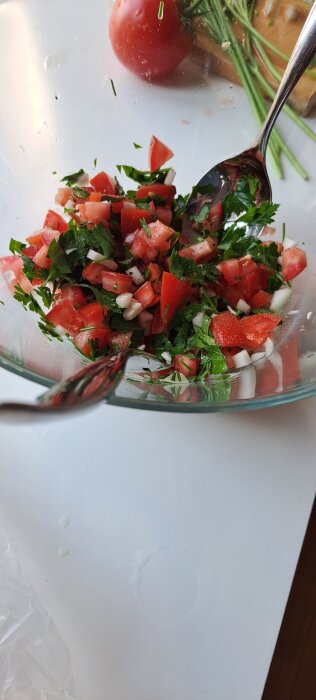 Hackade tomater och persilja i en skål, sannolikt ingredienser till tabbouleh.