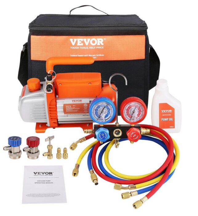 VEVOR vakuumpump och luftkonditionerings mätarsats, inkluderar färgade slangar, ventiler, och pumpolja, samt väska och manual.