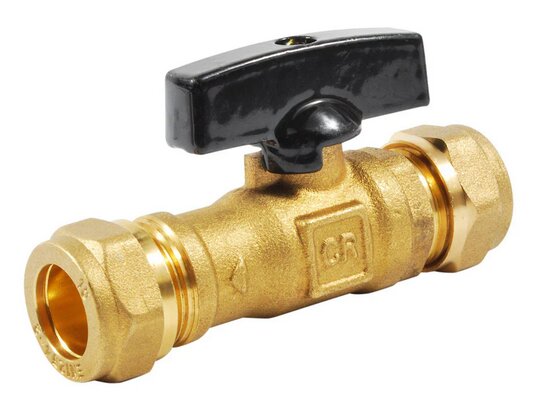 Guldfärgad mässingsventil med svart handtag, används för påfyllning i VVS-system, t.ex. liknande Viessmann-produkter.