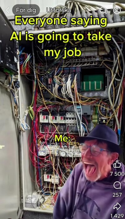 Kollage av en rörig elcentral och en skrattande man, med text om AI som tar jobb och en humoristisk bildtext.