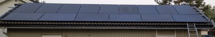 Solpaneler monterade på ett tak av vågigt material, med en stege lutad mot husväggen.
