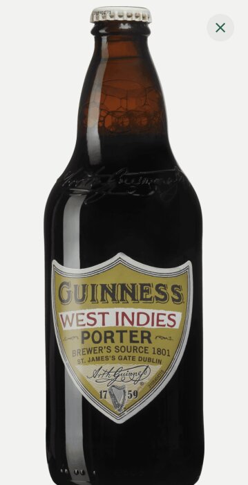 Flaska Guinness West Indies Porter med gul etikett.