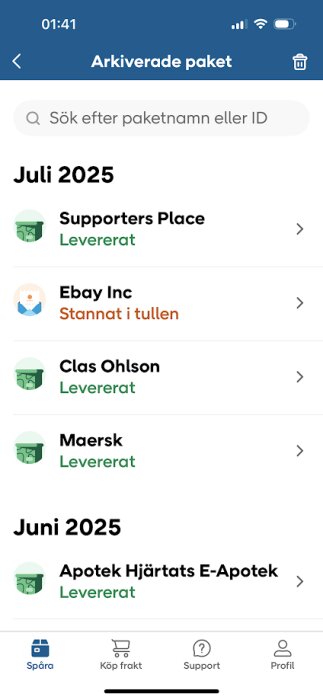 Skärmdump av appen 'Arkiverade paket' med paketstatus, inklusive ett stoppat paket från Ebay i juli 2025.