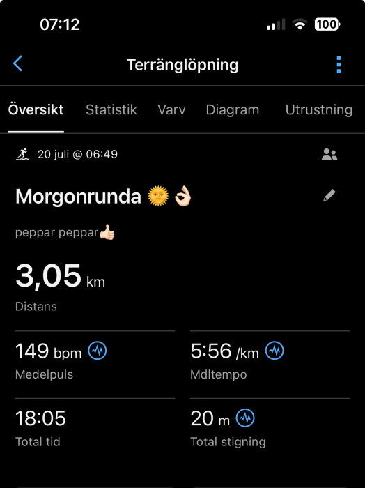 Träningsstatistik för en terränglöpningsrunda den 20 juli 06:49, 3,05 km distans, medeltempo 5:56/km, total tid 18:05, medelpuls 149 bpm.