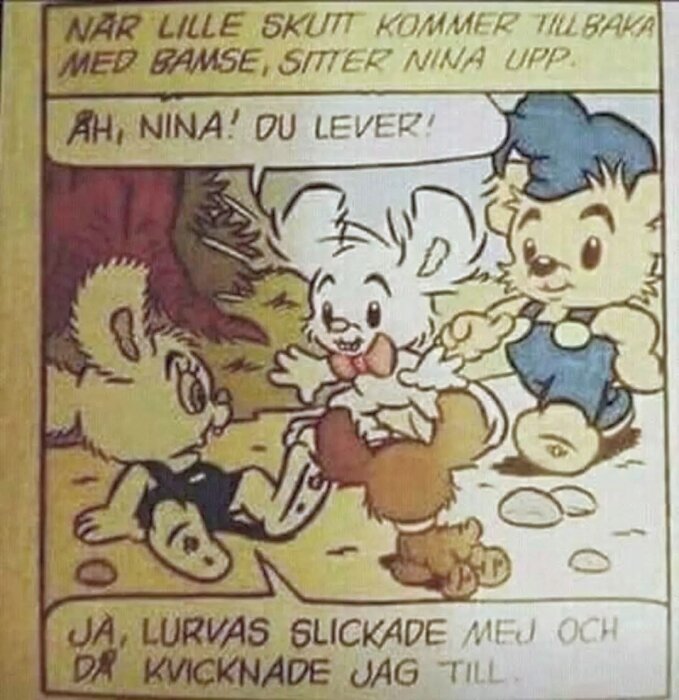 Seriefigurer Bamse, Lille Skutt och en tredje karaktär interagerar; en sitter, de andra står. Text beskriver att en karaktär mår bra efter Lurvas hjälp.