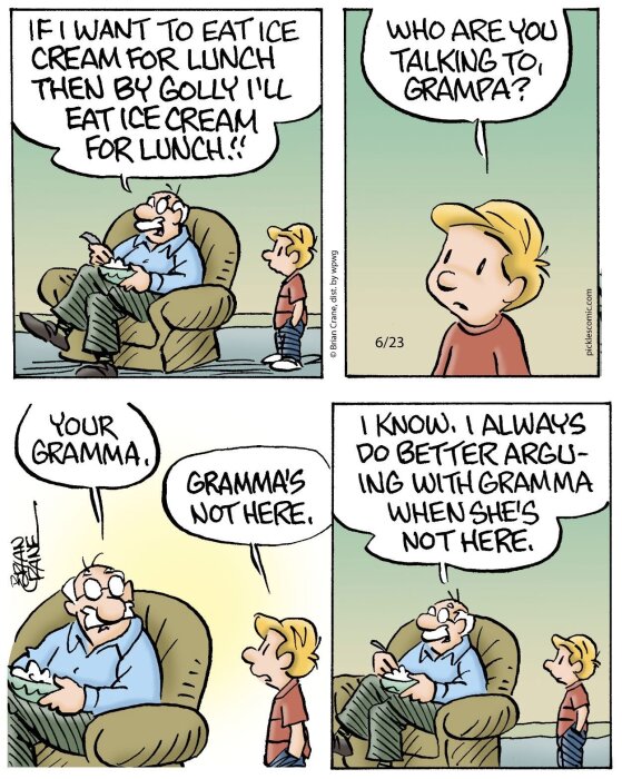 En serietecknad scen där en farfar berättar för sitt barnbarn att han kan äta glass till lunch och barnet frågar vem farfar pratar med.