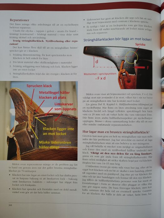 Närbild av en stränghållarklack på en nyckelharpa med beskrivning av reparationsdetaljer, inklusive sprickor och fixering med metallbyglar och lädersnören.