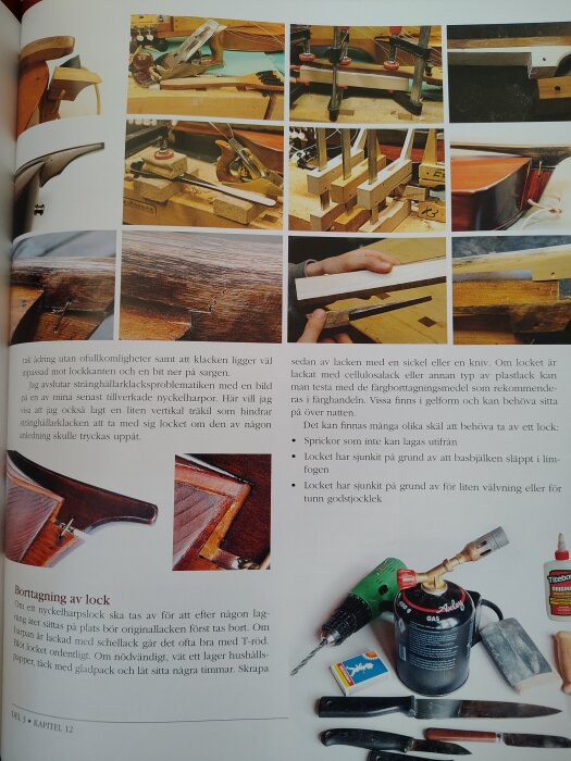 Sidor från boken "Nyckelharpan - ett unikt svenskt kulturarv" som visar steg för reparation av stränghållarklack, med bilder av verktyg och arbetssteg.