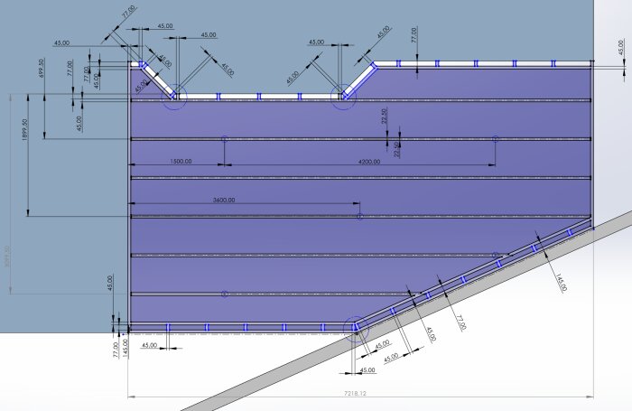 SolidWorks-ritning för byggprojekt; 5 markskruvspunkter och mått för reglar. 90x90 stolpar för markstöd, kryssbjälklag möjligt. Regelstorlek 45x170.