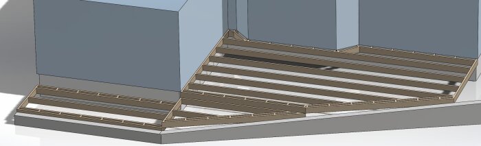 Byggmodell av altandäck med trall och stöd, placerat vid en mur; gräsmatta skall nå murens kant, och steg byggs istället för räcke.