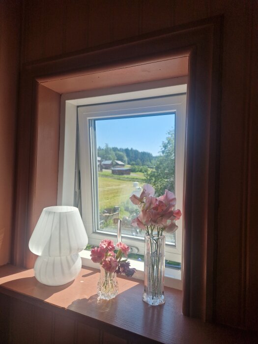 Fönsterbräda med en vit lampa och två vaser med rosa blommor, utomhus syns en grön trädgård i bakgrunden.