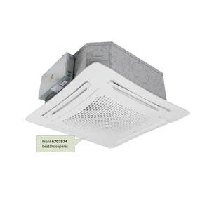 Ventilationsenhet med fyrkantig vit front och grå bakre del, märkning "Front 6707874 beställs separat".