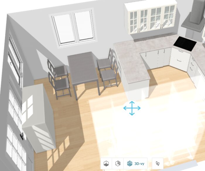 3D-ritning av ett kök med bord, stolar och skåp. En vit låda symboliserar ett piano. Dubbeldörrar till vänster, diskussion om enkeldörr.