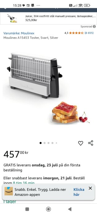 Moulinex svart och silver brödrost med rostade brödskivor med sylt i förgrunden, bredvid röda körsbär.