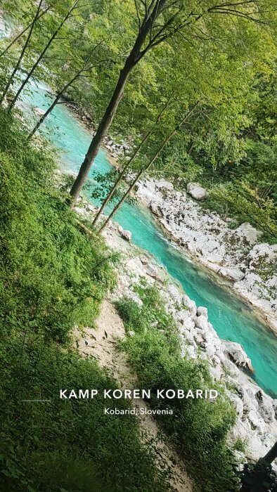 Bilden visar en grönskande flod omgiven av stenar och träd vid Kamp Koren Kobarid, Slovenien.