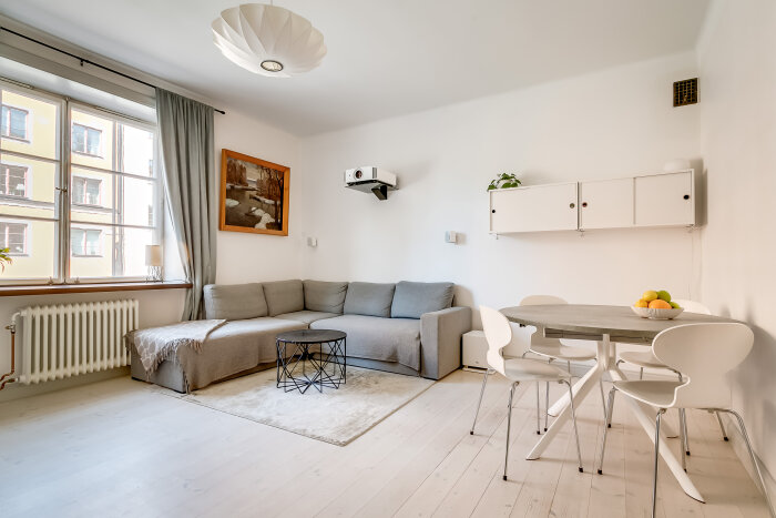 Ljust vardagsrum från 20-talslägenhet med grå soffa, fönster med gardiner, taklampa, matbord med frukt och väggprojektor.