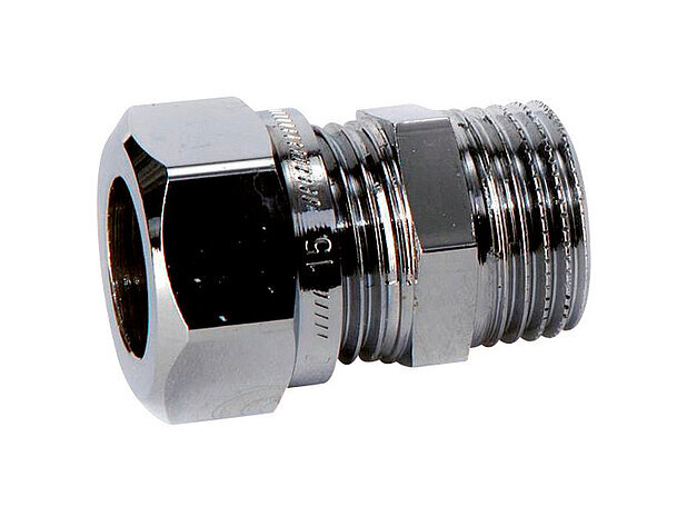 Kopparfitting med klämringsände och utvändig rörgänga, används för rörkopplingar.