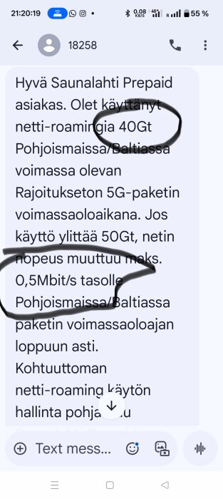 Textmeddelande med information om roaminggräns, 0,5 Mbit/s hastighetsbegränsning efter 50 GB i Finland och Baltikum, text på finska.