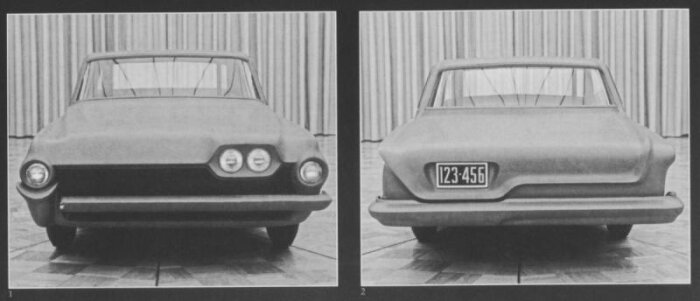 Konceptbilder av bilmodeller designade av Chrysler, med fokus på front- och bakparti, framtagen av formgivaren Vergile Exner.