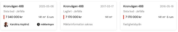 Tre fastighetsannonser för Kronvägen 48B i Järfälla, med olika försäljningsdatum och priser från 7 170 000 kr till 7 340 000 kr.