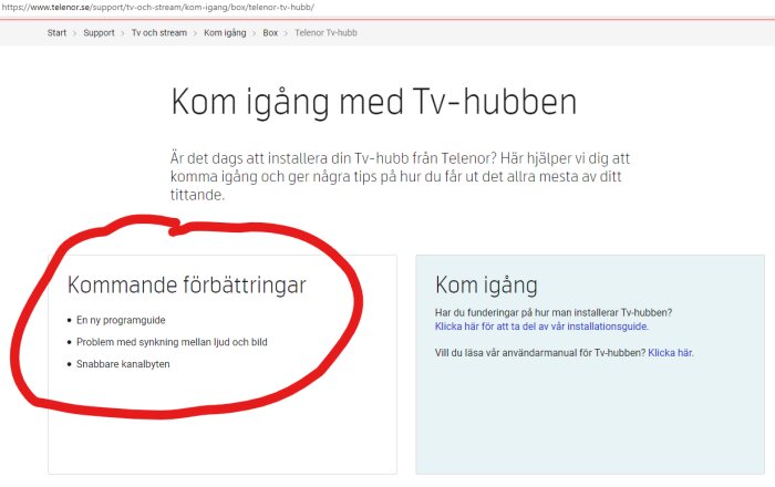 Telenors webbsida om TV-hubb med rubriken "Kommande förbättringar" som inkluderar programguide, synkningsproblem och snabbare kanalbyten.