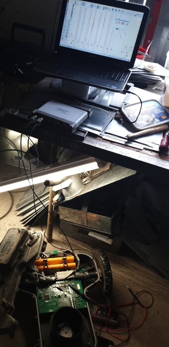 Laptop som visar grafer och oscilloskopdata bredvid elektronik och verktyg på ett arbetsbord.