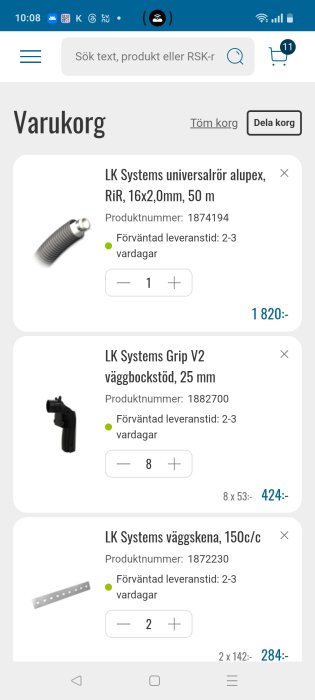 Shoppingapp med varukorg som innehåller LK Systems produkter: universalslang, gripverktyg och väggskenor med priser och leveranstider.